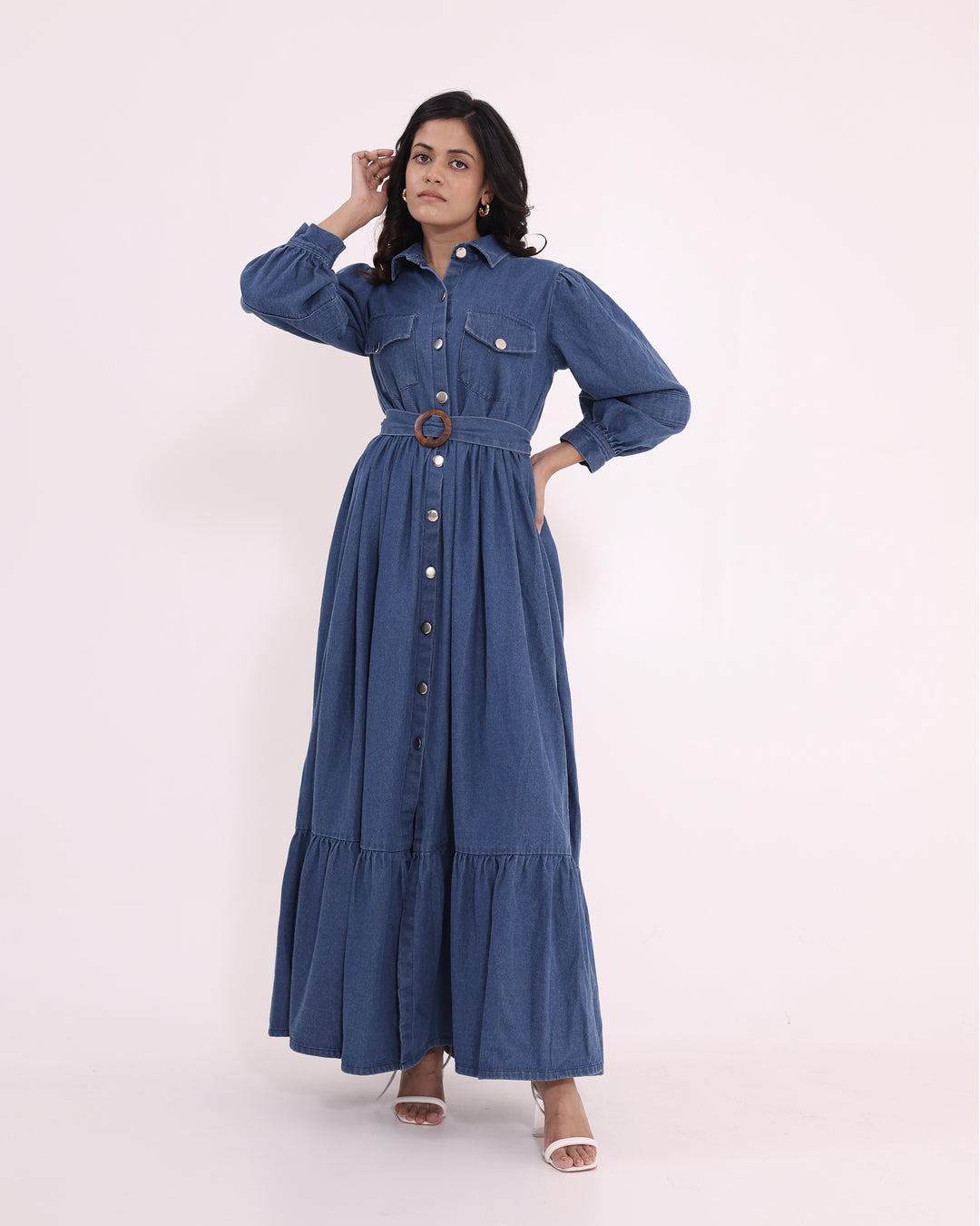 Blue Denim Maxi Dress With Belt