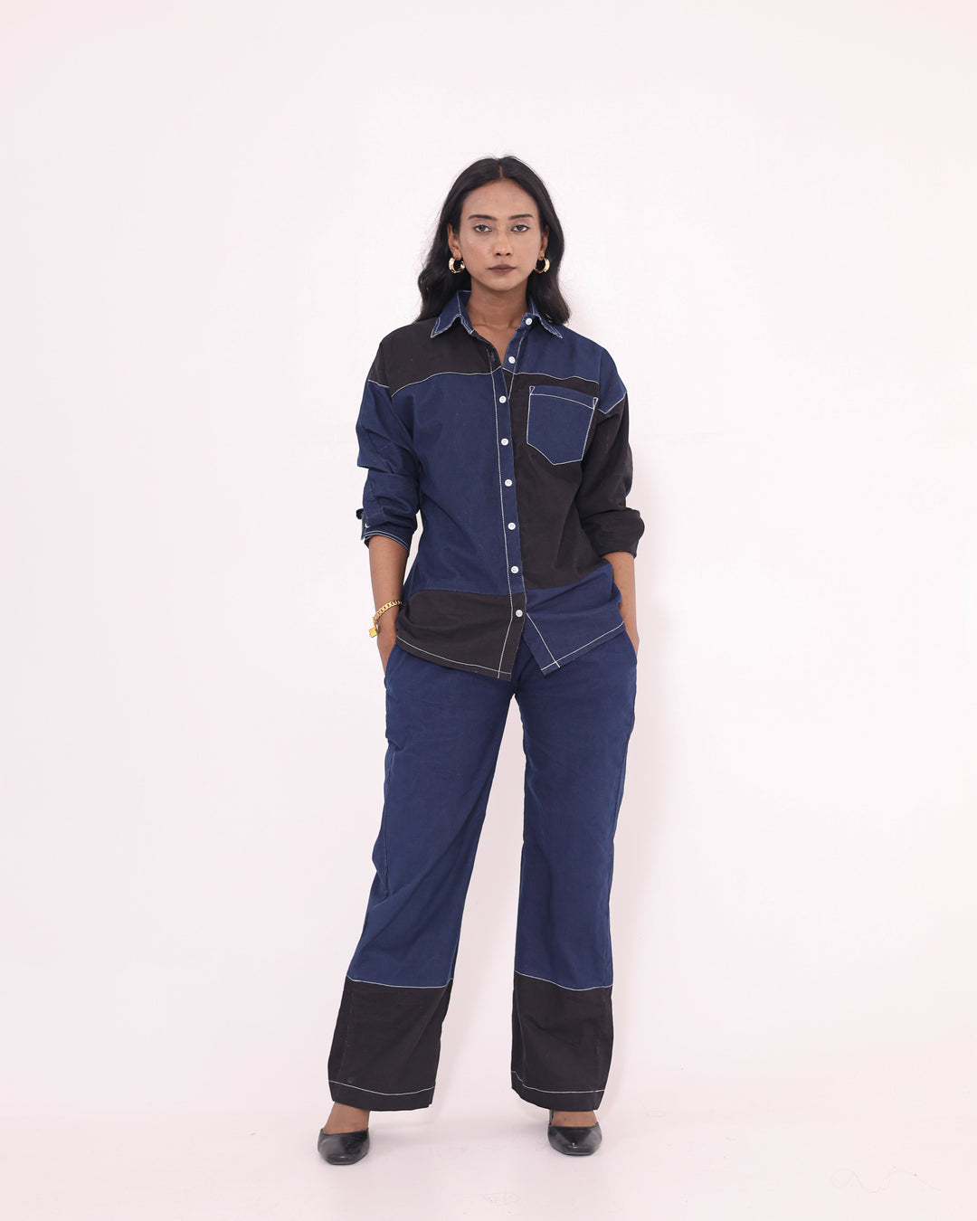 Color Blocked Corduroy Co ord Set - Denim Co ord Set