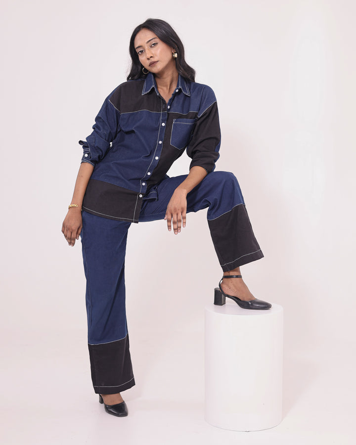 Color Blocked Corduroy Co ord Set - Denim Co ord Set