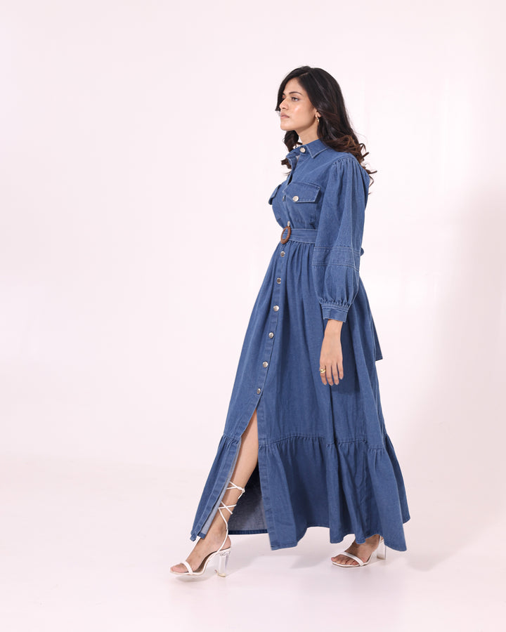 Blue Denim Maxi Dress With Belt - Shop Now | Pincode21