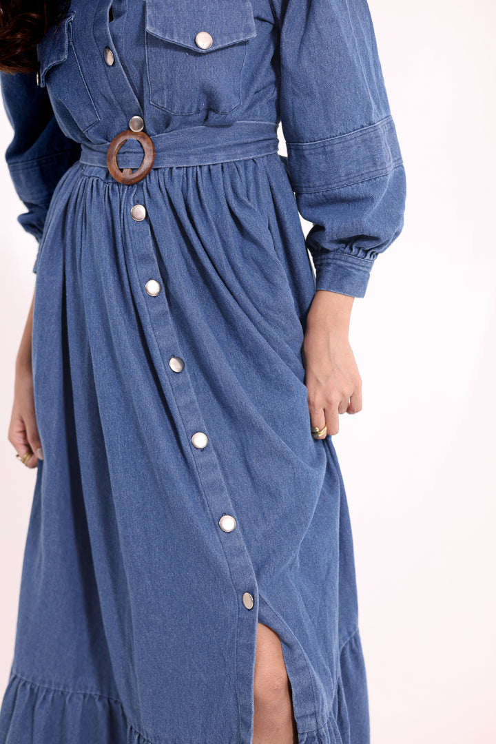Blue Denim Maxi Dress With Belt - Shop Now | Pincode21