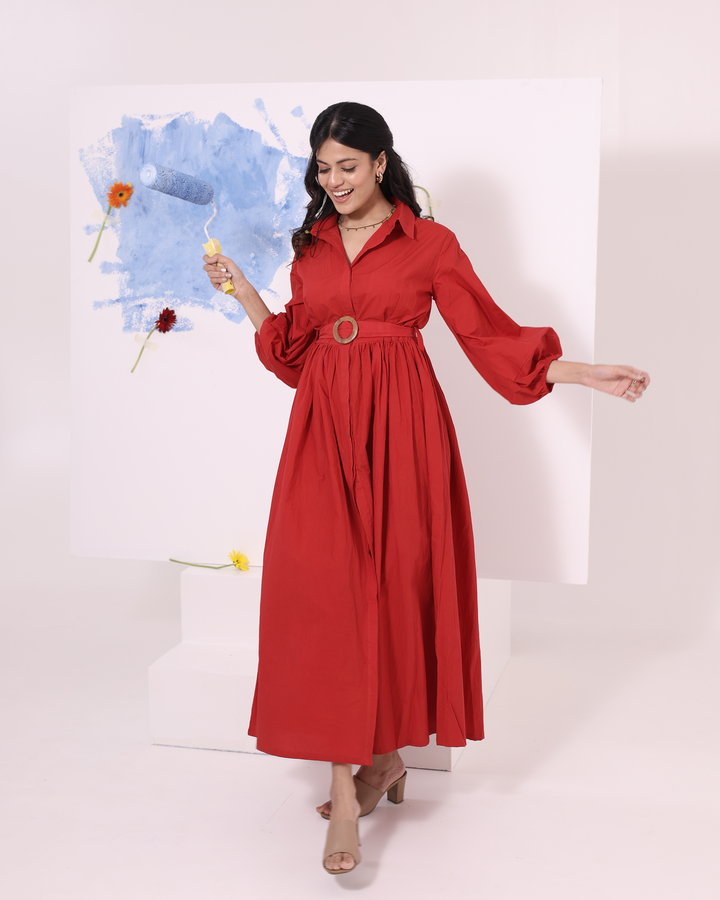Red Summer Maxi Dress with Belt