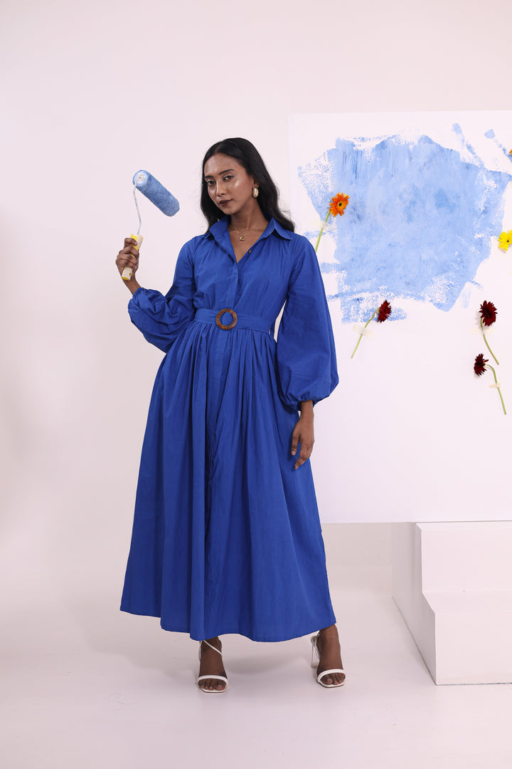 Blue Summer Maxi Dress with Belt