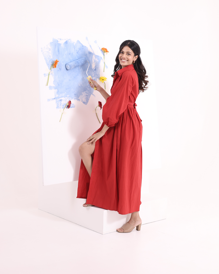 Red Summer Maxi Dress with Belt